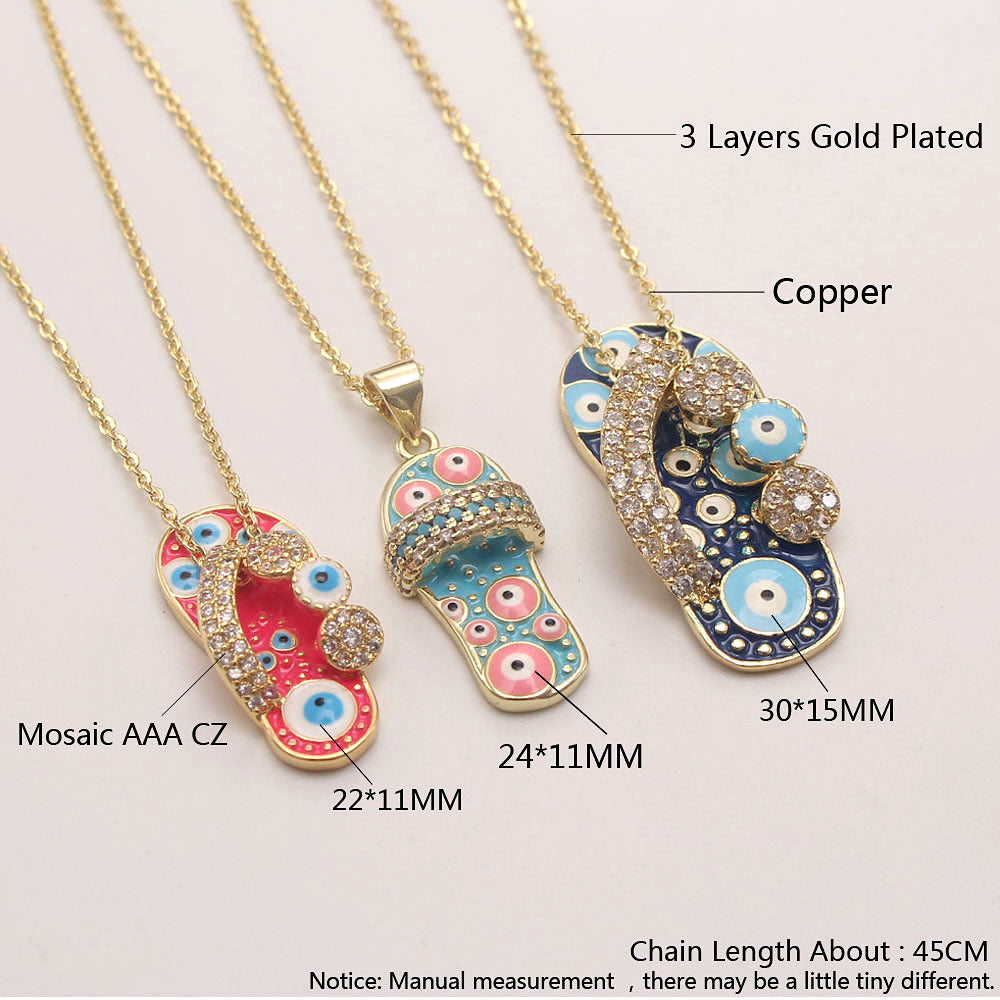 Wholesale Zirconium Oil Dripping Summer Slippers 18K Copper Plated Real Gold Necklace